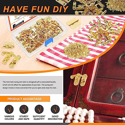 Rustark 20 Sets Gold Antique Small Box Hinges Right Latch Hook Hasp Horn Lock Jewelry Box Hardware Antique Brass Latch Hook Clasp Mini Hinges for DIY Crafts Jewelry Wooden Box