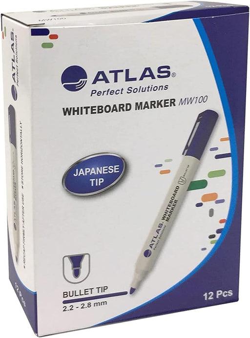 Atlas Dry Erase Low Odour White Board Markers with Bullet Tip - Pack of 12 (Blue)