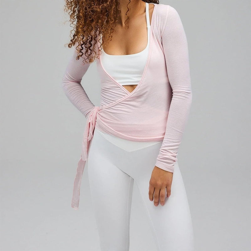 Women Wrap Yoga Shirts Long Sleeve Deep V Neck Tie Front Workout T Shirts Casual Slim Fit Sports Active Tops