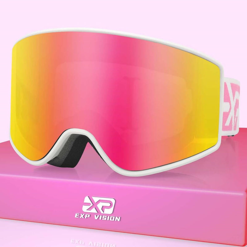 EXP VISION Ski Goggles, Over Glasses Snow Goggles Anti Fog Snowboard Goggles for Men, Women Youth(Adult Ski Goggles-Silver) - 17 x 10 cm Pink