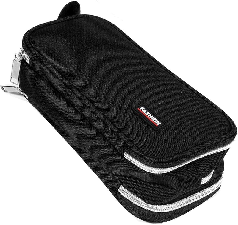 Revhq Pencil Case, Pen Bag, Pouch, Canvas Zipper 3 Compartment Large Case Organizer For School College Pouches - Black