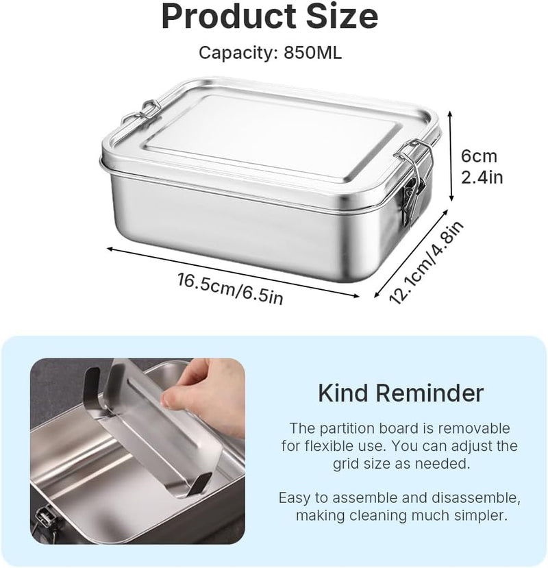 HASTHIP Stainless Steel Bento Box 850ml, Leak-Proof Lunch Box with Removable Compartment, Durable Portable Food Container for Kids and Adults, Dishwasher Safe Meal Prep Storage