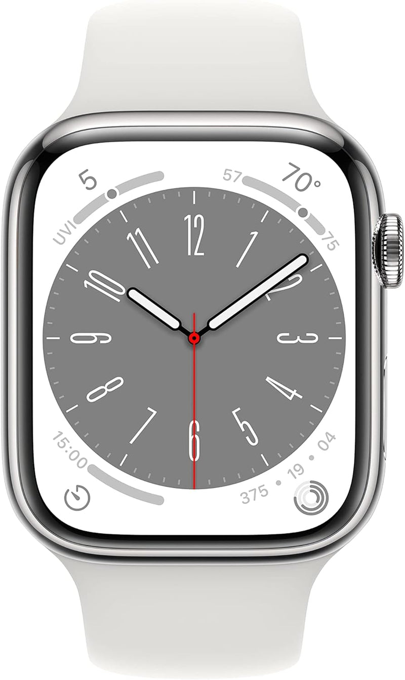 Apple New Apple Watch Series 8 (GPS + Cellular 45mm) Smart watch - Silver Stainless Steel Case with White Sport Band - Regular. Fitness Tracker, Blood Oxygen & ECG Apps, Water Resistant