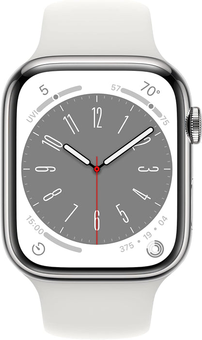 Apple New Apple Watch Series 8 (GPS + Cellular 45mm) Smart watch - Silver Stainless Steel Case with White Sport Band - Regular. Fitness Tracker, Blood Oxygen & ECG Apps, Water Resistant