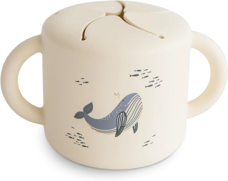 Mushie Silicone Baby Snack Cup with Handles - Easy-Grip Baby Cup with Soft Opening for On-the-Go Feeding, 400ml Spill-Proof Food-Grade Container for Baby Food & Snacks Woodchuck - Whales