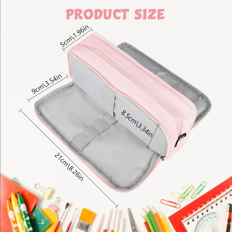 HASTHIP Large Capacity Pencil Case with 3 Compartments, Multi-Functional Pencil Box for Kids, Girls, Boys, Teenagers, Adults, Stationery Organizer Pouch, Pink