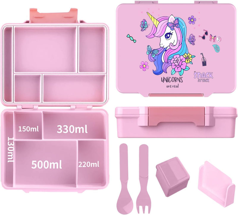Lunch Box for Kids School,Children Lunch Box with Compartments, Bento Box Children, Leak-proof Lunch Box for Girls and Boys, Snack Box, Perfect for School, Nursery & Trips (SA Blue) (Blue Shark) - Pink Unicorn