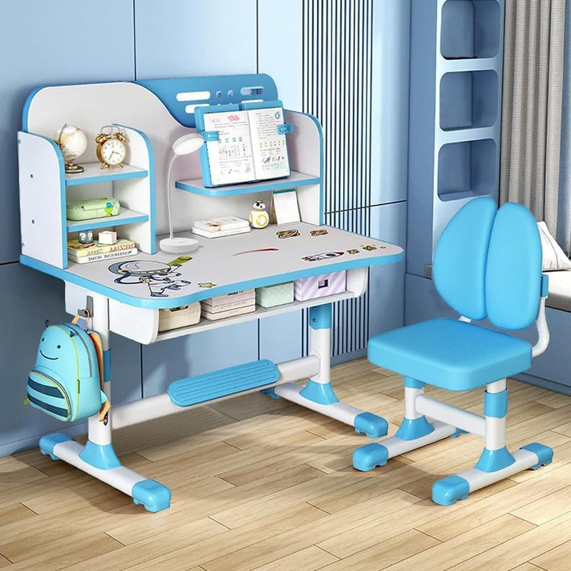 Adjustable Kids Study Learning Desk and Chair Set Ergonomic Study Table with Bookshelf, Drawer Storage, Shelves, Table Lamp & Fun Stickers (Blue) - Blue