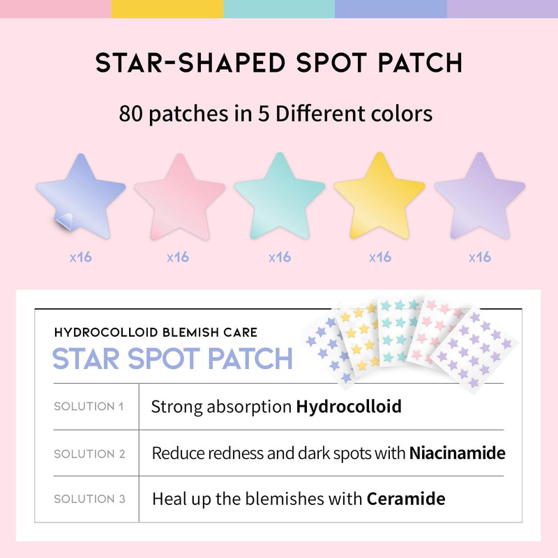 OOTD Star-shaped Hydrocolloid Acne/Pimple patch with 5 Pastel Color/Niacinamide & Ceramide Formula: Hydrocolloid Pimple Patches, Ideal for Blemish Spots (80 Count)