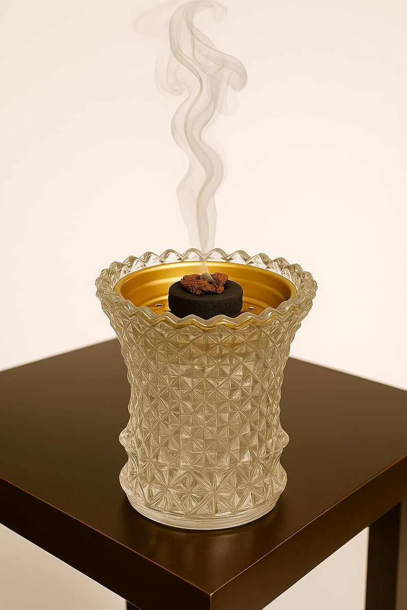 Crystal Glass Bakhoor Burner Oud burner Incense Bakhoor Charcoal Burner مبخرة عود,مبخرة بخور Frankincense Burner Madkhan Mabkhara Bakhoor Gold Incense Burner (Clear)