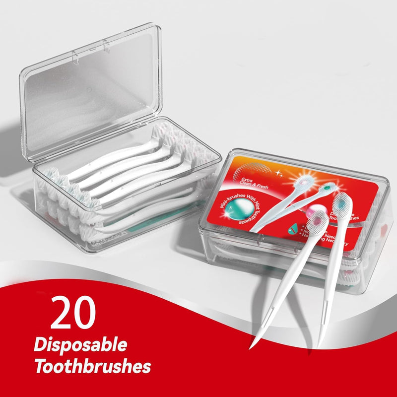 20Pcs Mini Disposable Toothbrushes with Toothpaste and Toothpick, Tongue Cleaners, Reduce Bad Breath, Tongue Scraper, Prepasted Toothbrush, Pick for Work or Travel (Peach Flavor)