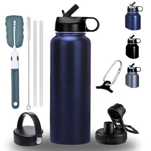 Thermos Flask Insulated Water Bottle 32oz Straw-Brush-3 Lid-handle Triple Wall Vacuum Stainless Steel Water Bottle 1L Sports Jym Office school kids Water Bottle Hot & Cold Water Bottle 950ml dark blue