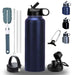 Thermos Flask Insulated Water Bottle 32oz Straw-Brush-3 Lid-handle Triple Wall Vacuum Stainless Steel Water Bottle 1L Sports Jym Office school kids Water Bottle Hot & Cold Water Bottle 950ml dark blue