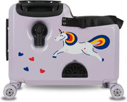 Kids Ride-On Carry-On Suitcase, ABS Lightweight Travel Trolley Luggage for Children with 360 Spinner Wheels, Cabin-Friendly Scooter Travel Bag (Pink Whisker Cat Design) - Purple Sparkle - Unicorn Design