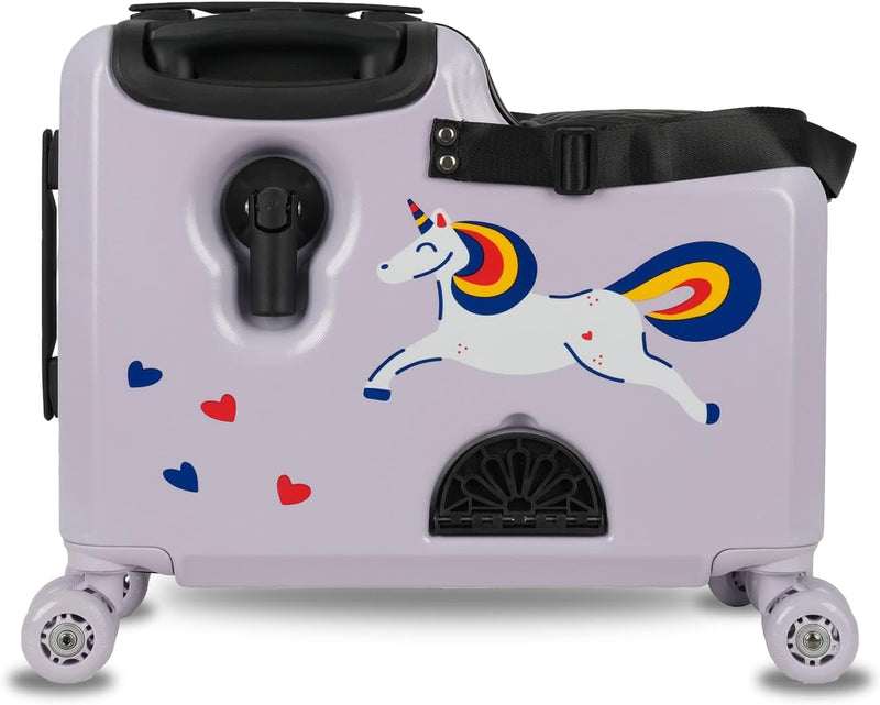 Kids Ride-On Carry-On Suitcase, ABS Lightweight Travel Trolley Luggage for Children with 360 Spinner Wheels, Cabin-Friendly Scooter Travel Bag (Pink Whisker Cat Design) - Purple Sparkle - Unicorn Design