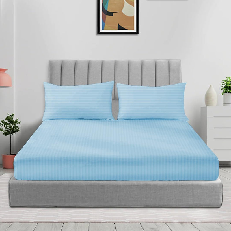 Sleep Well Microfiber Stripe Fitted Sheet with Pillowcase Set - 90x200+17cm (Beige) - Sky Blue 150x200+17cm