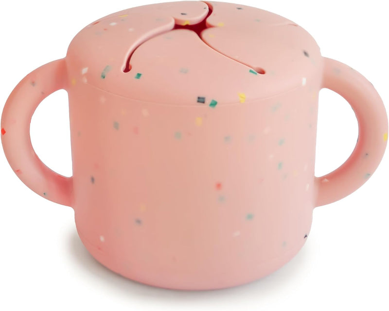Mushie Silicone Baby Snack Cup with Handles - Easy-Grip Baby Cup with Soft Opening for On-the-Go Feeding, 400ml Spill-Proof Food-Grade Container for Baby Food & Snacks Woodchuck - Powder Pink Confetti