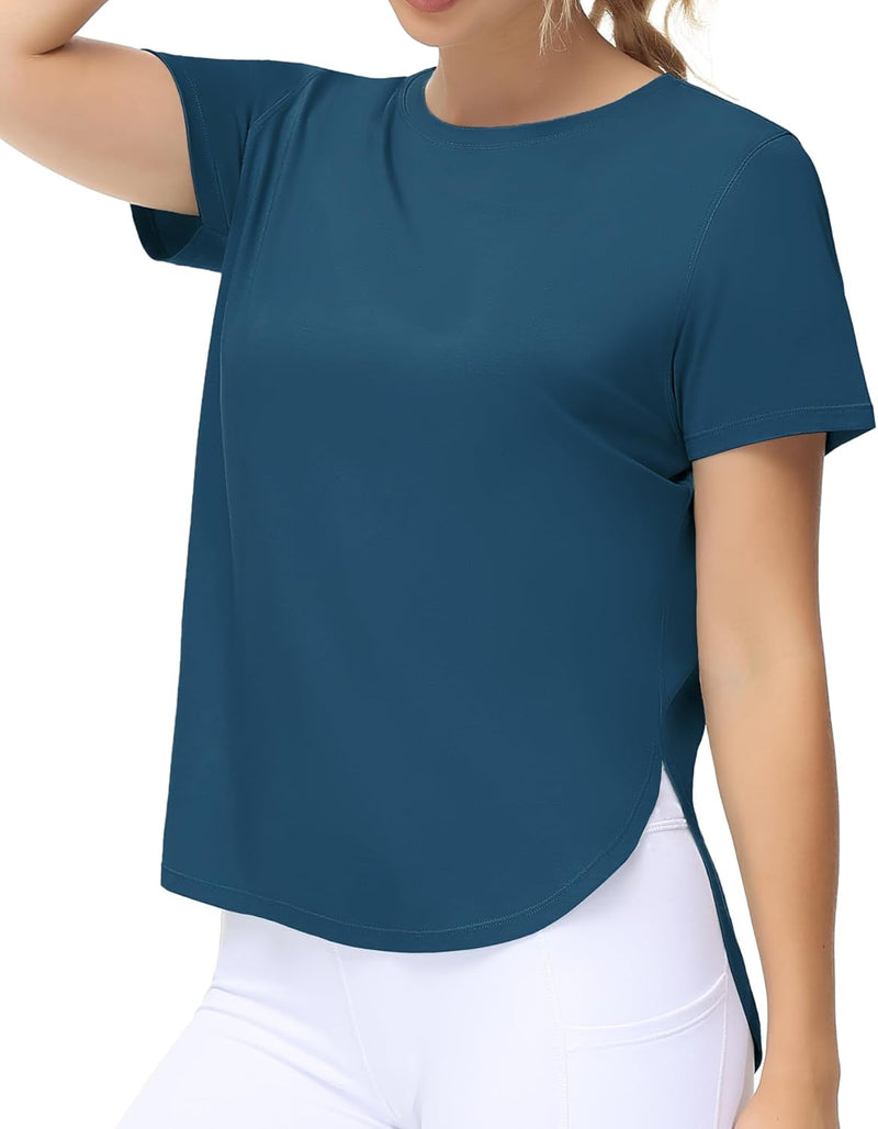 Women's Workout T-Shirts Loose Fit Short Sleeve Cotton Running Basic Tee Tops with Split Hem - Dark Blue Green