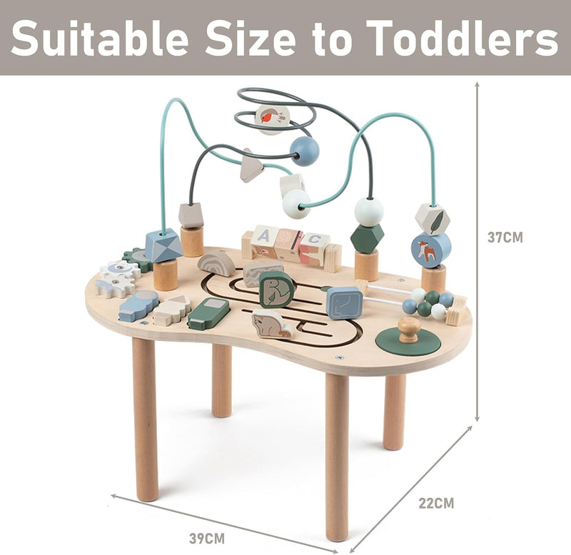 Wooden Activity Table for Toddlers 1-3, 6 in 1 Baby Play Table Activity Center with Bead Maze Shape Sorter, Montessori Toys for 1 Year Old, Kids Learning Educational Sensory Toys for Boy Girl