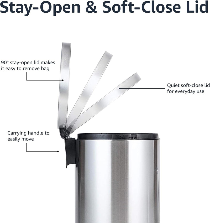 Amazon Basics Round Cylindrical Dustbin With Steel Bar Pedal, Soft-Closing Mechanism For Home and Office Use, 20 Litre/5.3 Gallon, Brushed Stainless Steel - 20L