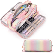 Large Capacity Pencil Case 3 Compartment Pencil Pouch Pen Bag for Teen Girls Boy Men Women (Rainbow)