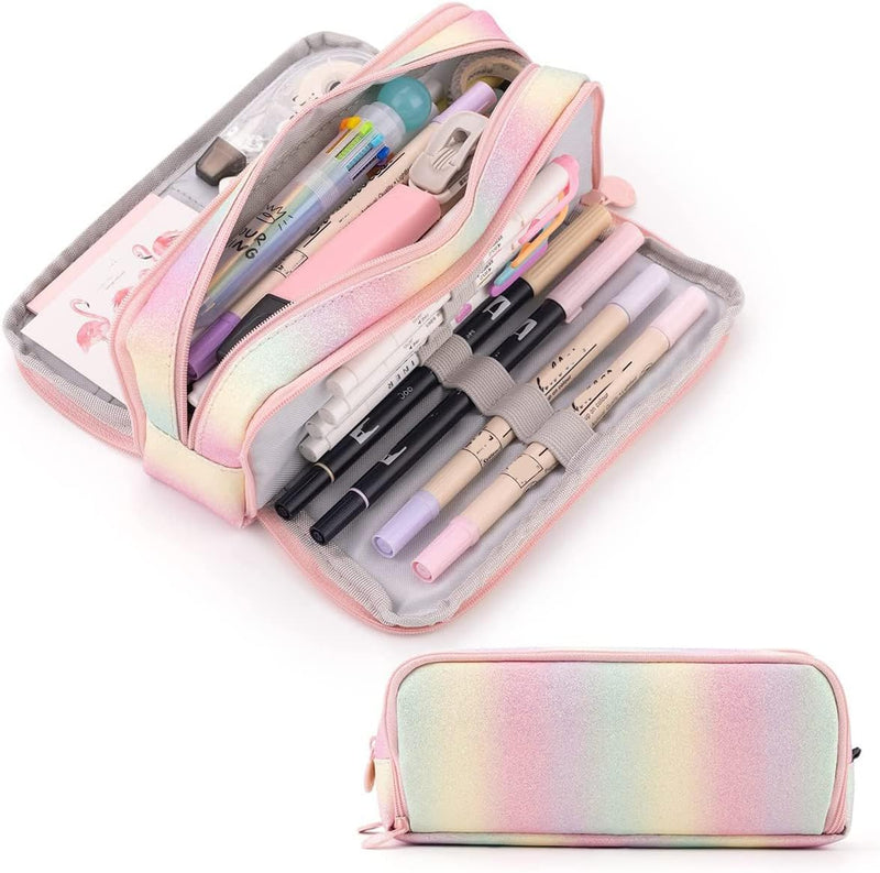 Large Capacity Pencil Case 3 Compartment Pencil Pouch Pen Bag for Teen Girls Boy Men Women (Rainbow)
