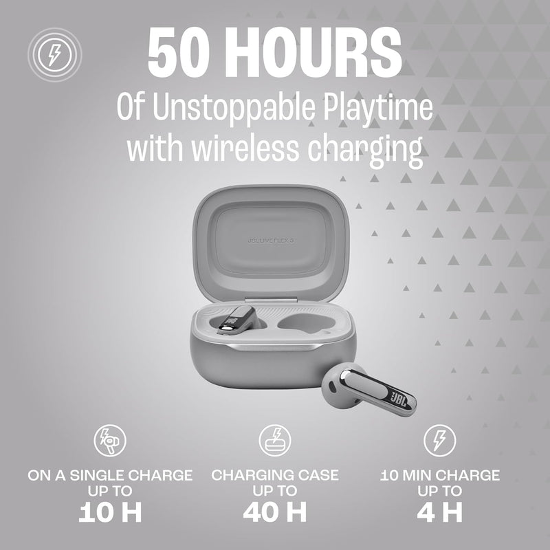 JBL LIVE FLEX 3 True wireless noise-cancelling earbuds with open-stick design and 50 hours total playback plus wireless charging, Blue