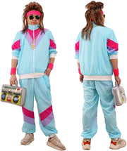 80s 90s Fancy Dress Costumes Men Women, 80s Shell Suit Costume Retro Tracksuit with Pilot Glasses Headband Wristbands Inflatable Boom Box, 1980s Fancy Dress for Carnival Parties Halloween