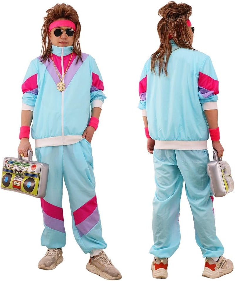 80s 90s Fancy Dress Costumes Men Women, 80s Shell Suit Costume Retro Tracksuit with Pilot Glasses Headband Wristbands Inflatable Boom Box, 1980s Fancy Dress for Carnival Parties Halloween