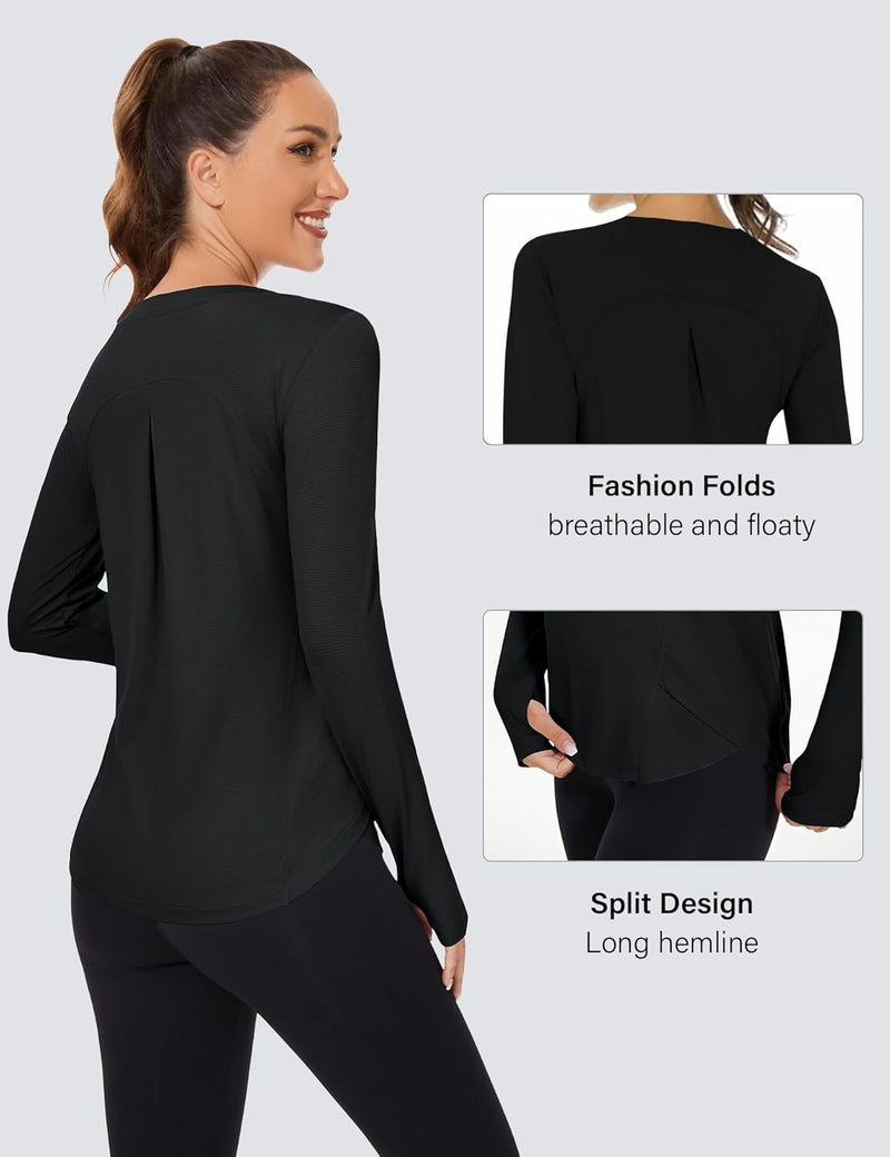 Rapbin Women's UPF 50+ Sun Protection T-Shirts Long Sleeve Boat Neck Workout Lightweight Quick Dry Top with Thumb Hole