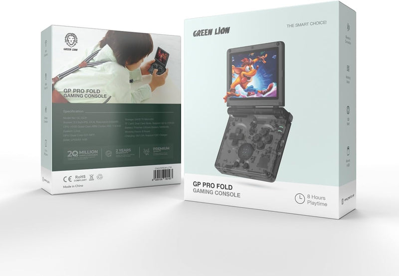 Green Lion GP Pro Fold Gaming Console, 3.5 Inch IPS Screen, 1 GB RAM, 64 GB memory, HDMI Output TV, WiFi and Bluetooth Connection, Vibrating Motor, Gamepad Connection - Black Transparent