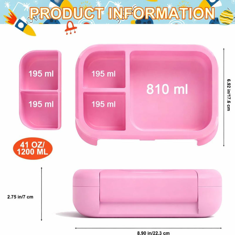 Kids Bento Lunch Box,5-Compartment Leakproof Container with handle Movable Snack Box BPA-Free, Dishwasher & Microwave Safe Utensils Included for Kids/Adults School, Office & Travel Pink