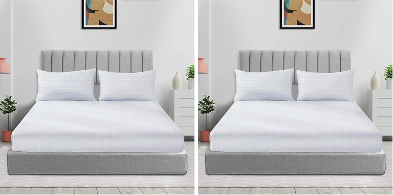 Sleep Well Microfiber Stripe Fitted Sheet with Pillowcase Set - 90x200+17cm (Beige) - White 120x200+17cm (Pack of 2)