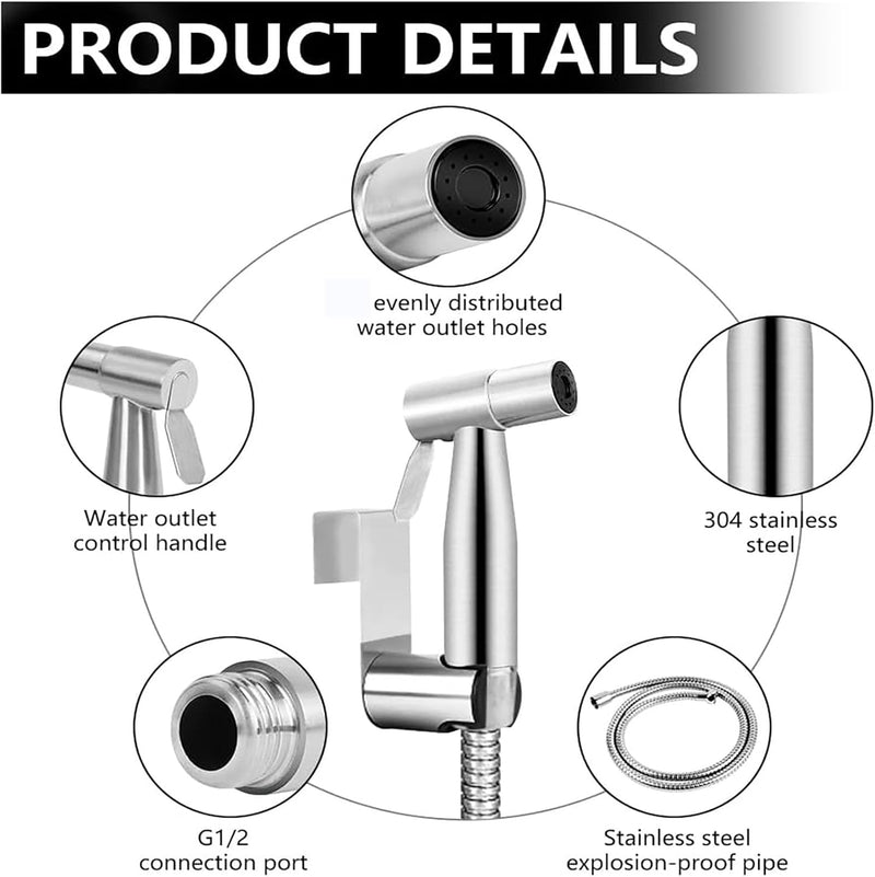 Handheld Bidet Sprayer Kit for Toilet, Stainless Steel Brushed Nickel Sprayer Toilet Bathroom Shower Head with 59 inch Hose and Wall Bracket Holder 3 Set(Note: linker not T valve Included)