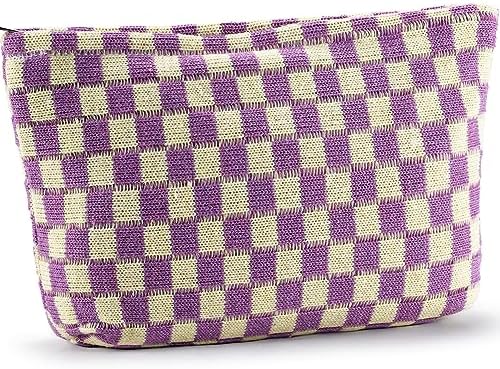 ZLFSRQ 3Pcs Checkered Makeup Bag for Women Large Cosmetic Bag Set Travel Toiletry Bag Makeup Pouch Bag for Purse Pink Zipper Storage Bag Organizer Cute Small Aesthetic Girls Car Essentials Bag