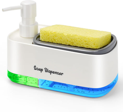 Bestseek Hand and Dish Soap Dispenser Set for Kitchen, Dual Soap Dispenser with Sponge Holder, 3-in-1 Countertop Soap Pump Dispenser for Kitchen Sink, Useful Kitchen Gadgets - White - White