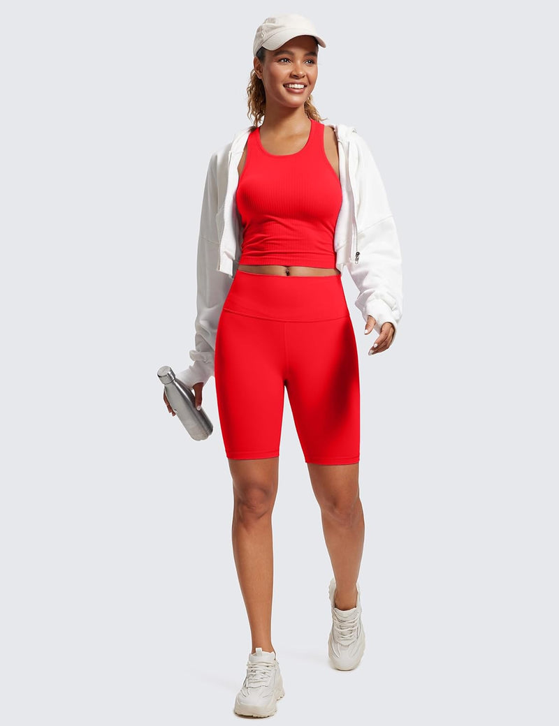 CRZ YOGA Womens Seamless Ribbed Longline High Neck Sports Bra - Racerback Padded Slim Fit Crop Tank Top with Built in Bra