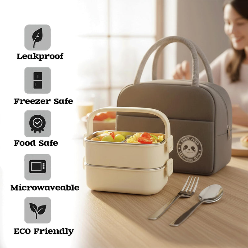 Stainless Steel Lunch Box - 1400ml 2 -Layer Bento Box with Insulated Bag, Spoon & Fork, Leakproof, BPA-Free, Dishwasher Safe - Ideal for Kids & Adults, Office, School, Travel (Cream White)