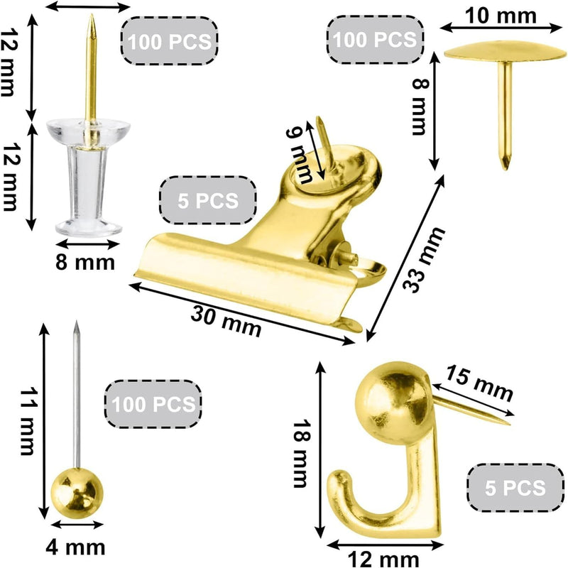 ZELLYA 310 Pcs Push Pins Set, Thumb Tacks Decorative Push Pins Map Head Pin for Cork Board with Push Pin Hook Pushpin Clip, 5 Style Office Accessories for Cork Board Map Office (Gold)