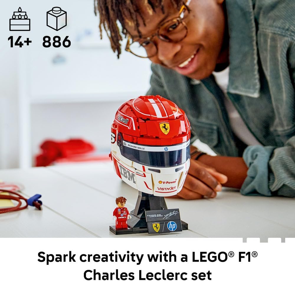 Editions Scuderia Ferrari HP Charles Leclerc Helmet - F1 Merchandise - Display Model Kit w/Collectible Minifigure - Gift for 14+ Year Old Boys & Adult Motorsport Fans - 43014