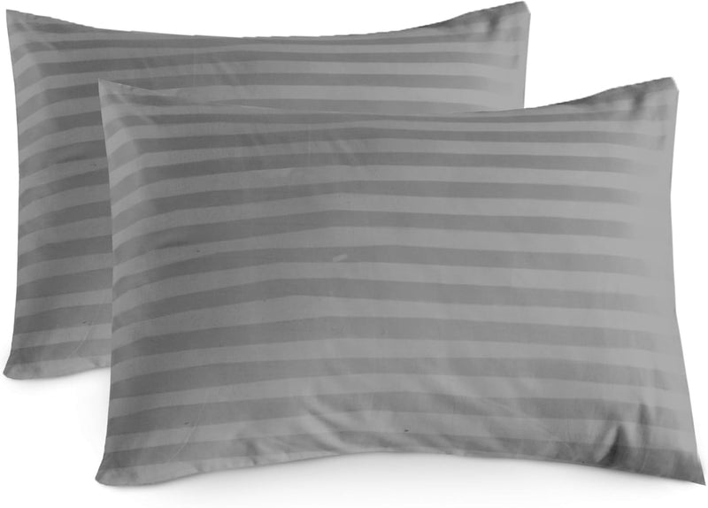 100% Cotton Luxury Hotel Quality Sateen Duvet Cover Set, 2cm Satin Stripe, Hidden Button Closure, Ultra-Soft Sateen Weave, Breathable & Hypoallergenic (White, Queen 240x220cm) - Gray H.W Pillow Cover (Pair)