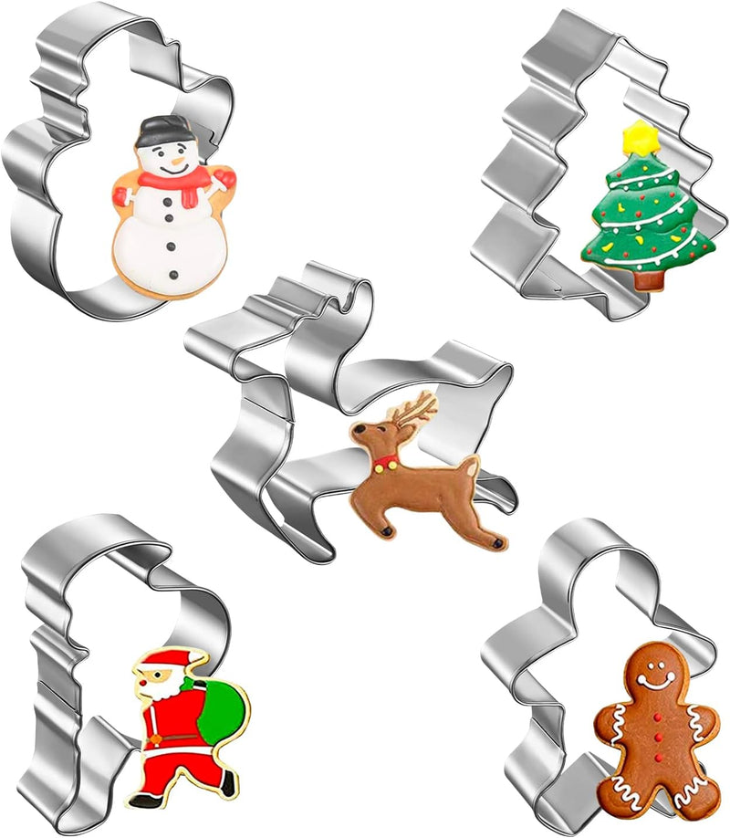 Christmas Cookie Cutters Set, 5pcs Metal Holiday Cookie Cutters for Baking - Christmas Tree, Gingerbread Man, Elk, Santa Claus and Snowman Shapes