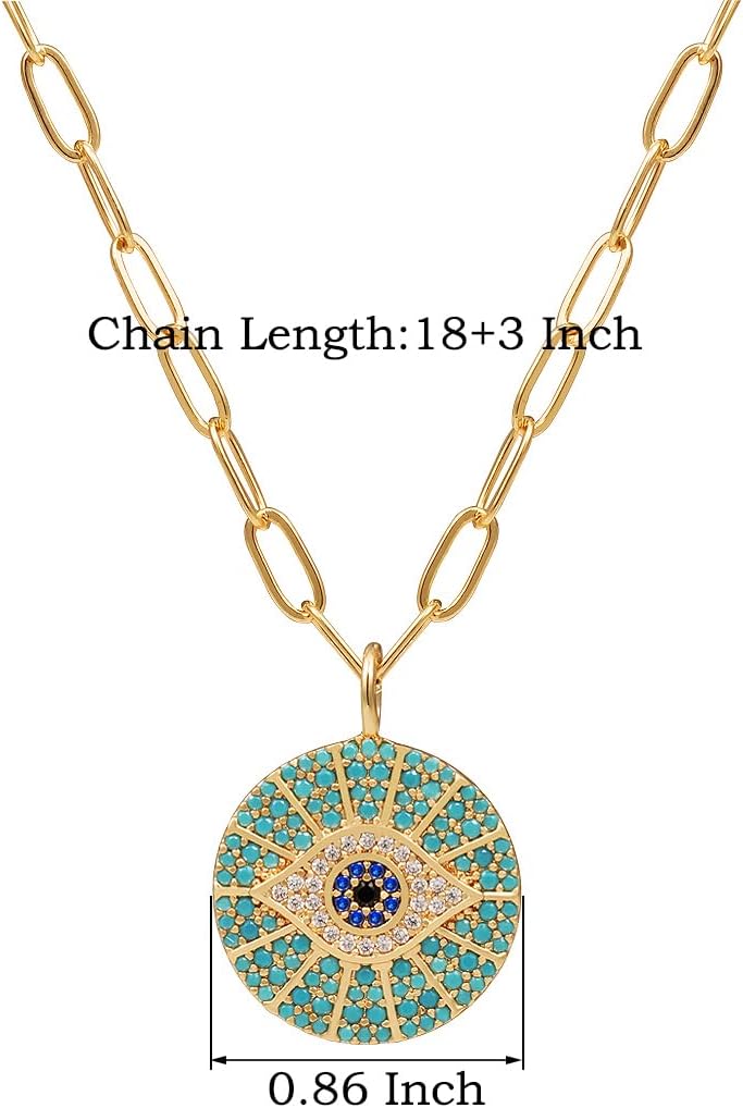 14k Gold Plated Evil Eye Pendant Necklace for Women 18-20Inch,Round Circle Disk Minimalist Jewelry