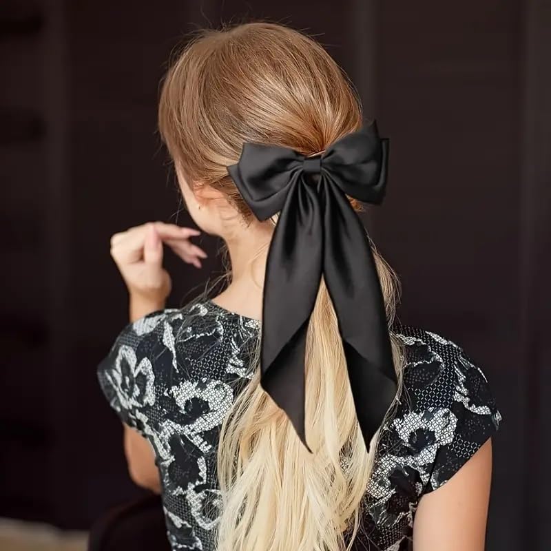 Elegant Silky Satin Hair Bow Clips.Set of 2,Oversized Fabric Bow Tie Barrettes,Black & Cream.Simple Classic Long Tassel Exquisite Hair Clips.Vintage Ribbon Bows.