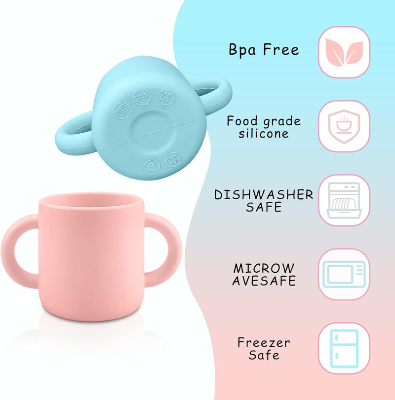 TQONEP Silicone Training Cup for Infants 2 Handles, Easy Grip Handles Toddler Learning Cup Applicable for Baby Over 6 Months（Pink+Blue