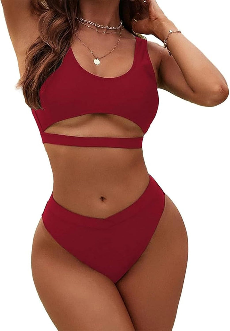 Women's High Waisted Bikini Sets High Cut Bathing Suits Two Piece Sporty Cut Out Swimsuits