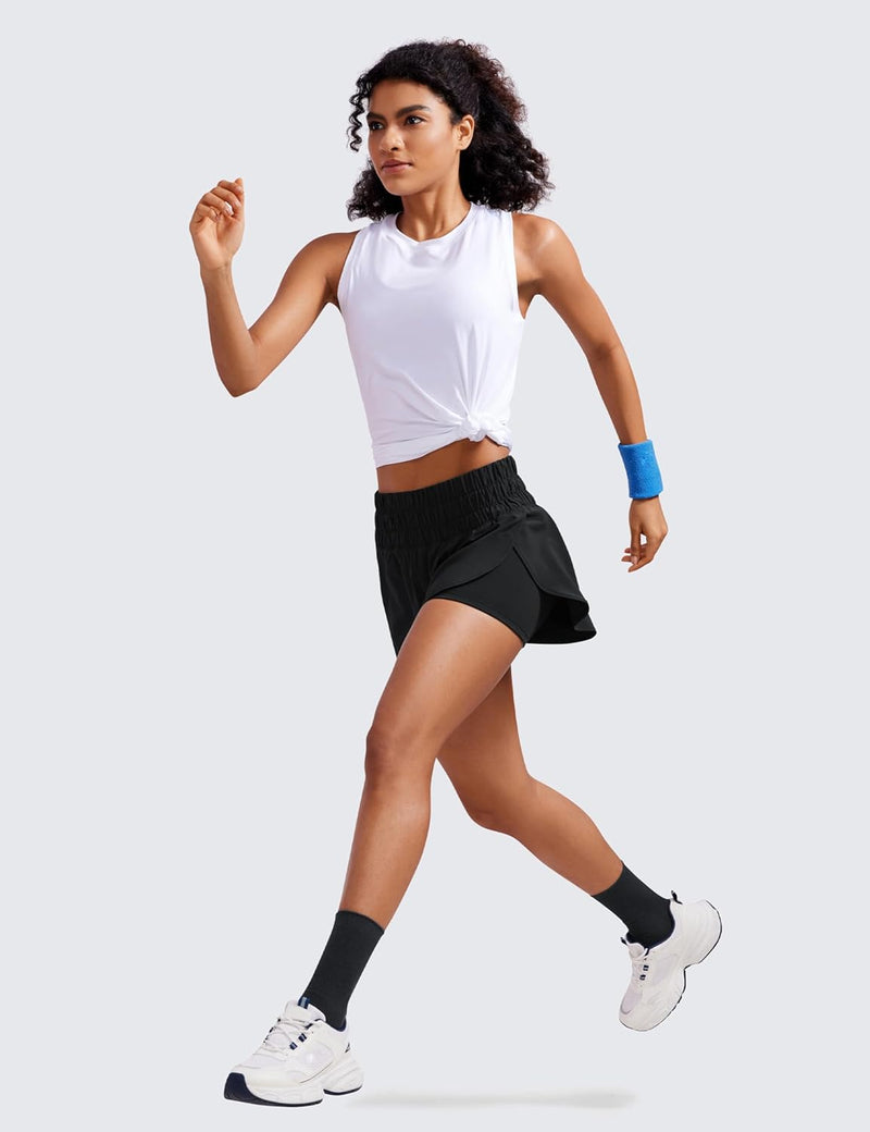 CRZ YOGA 2 in 1 High Waisted Running Shorts for Women 3" - Split Breathable Athletic Tennis Gym Workout Shorts with Pockets