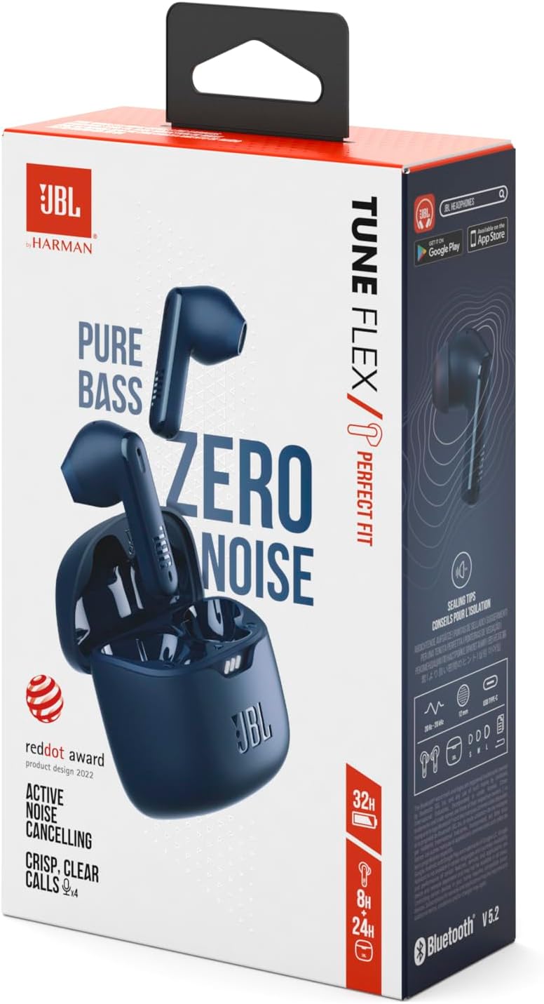 JBL Tune Flex True Wireless Noise Cancelling Earbuds, Pure Bass, ANC + Smart Ambient, 4 Microphones, 32H of Battery, Water Resistant & Sweatproof, Comfortable Fit - Blue, JBLTFLEXBLU