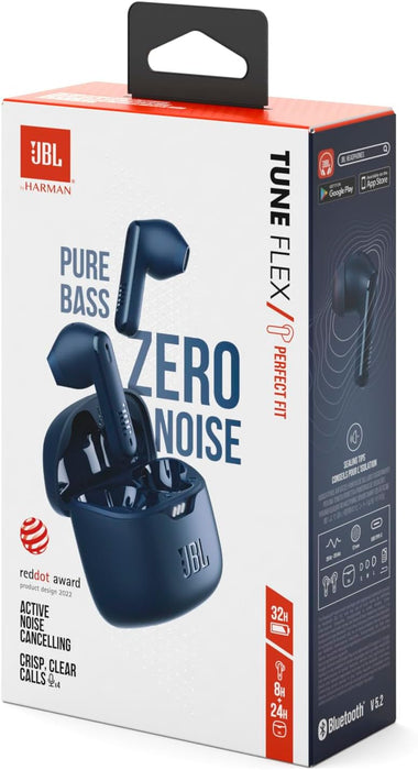 JBL Tune Flex True Wireless Noise Cancelling Earbuds, Pure Bass, ANC + Smart Ambient, 4 Microphones, 32H of Battery, Water Resistant & Sweatproof, Comfortable Fit - Blue, JBLTFLEXBLU