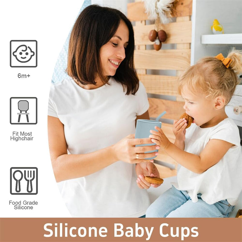 Silicone Baby Training Cup, Shatterproof Toddler Sippy Cups with Straw, Silicone Straw Cup for Baby, BPA Free Recycled Milk Jugs, Open Cup for Baby, 6+ Months, 8 Oz (2 Pcs, Sky Blue, Army Green)